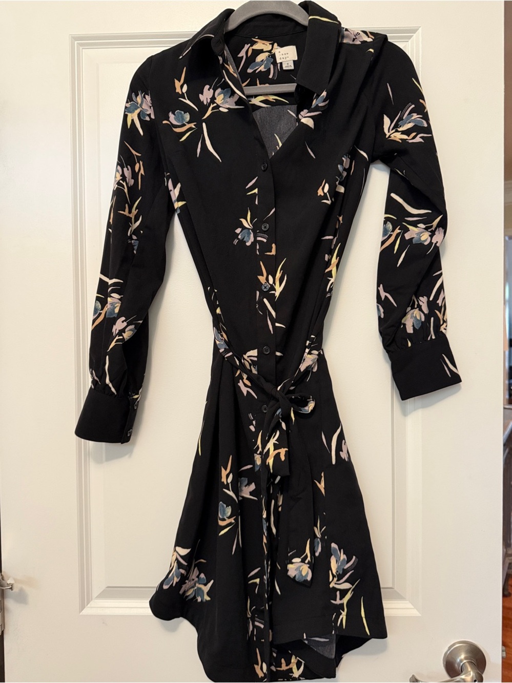 a new day Black Floral Button-Front Shirt Dress with Tie Waist